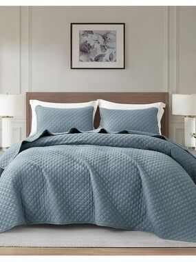 King 3 piece Quilted Bedspread Set in Dusty Blue